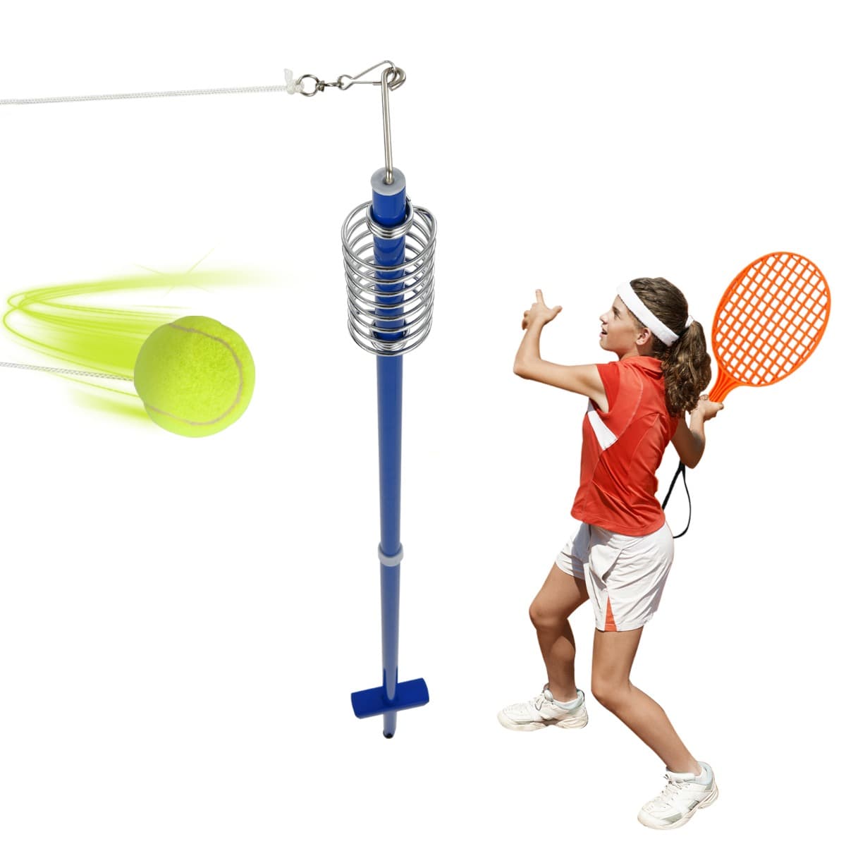 CostwayTwistball Pack de Speed-Ball Mobile Mains Libres Hauteur Réglable 124-139cm avec Balle 2 Raquettes Jeu Familial pour Enfants